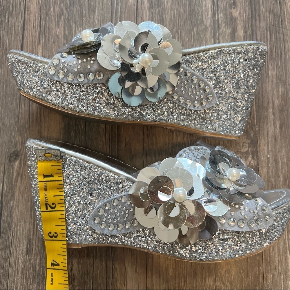 SMBF Silver Glitter Floral Slip On Wedges Platform Sandals Shoes Sparkly Y2K 8 - Picture 8 of 12